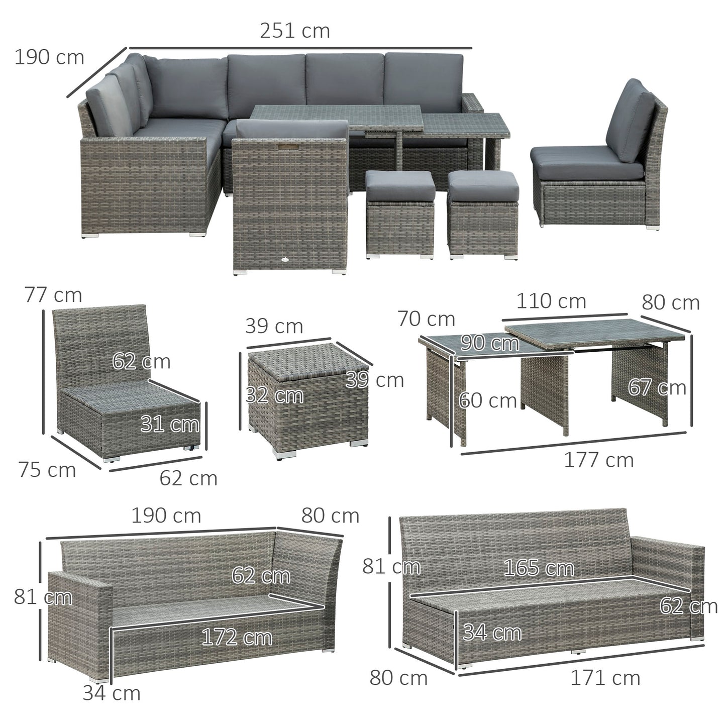 Rokane Rattan Grey 10 Seater Garden Sofa Set With Extending Dining Table