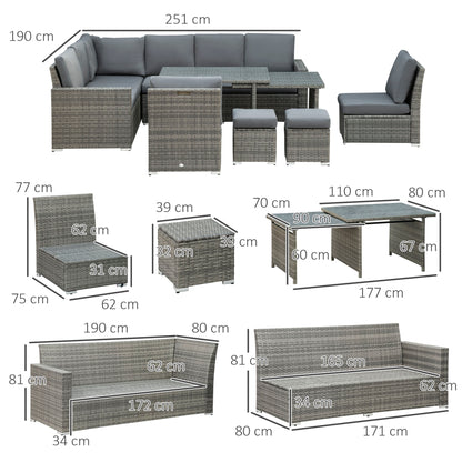Rokane Rattan Grey 10 Seater Garden Sofa Set With Extending Dining Table