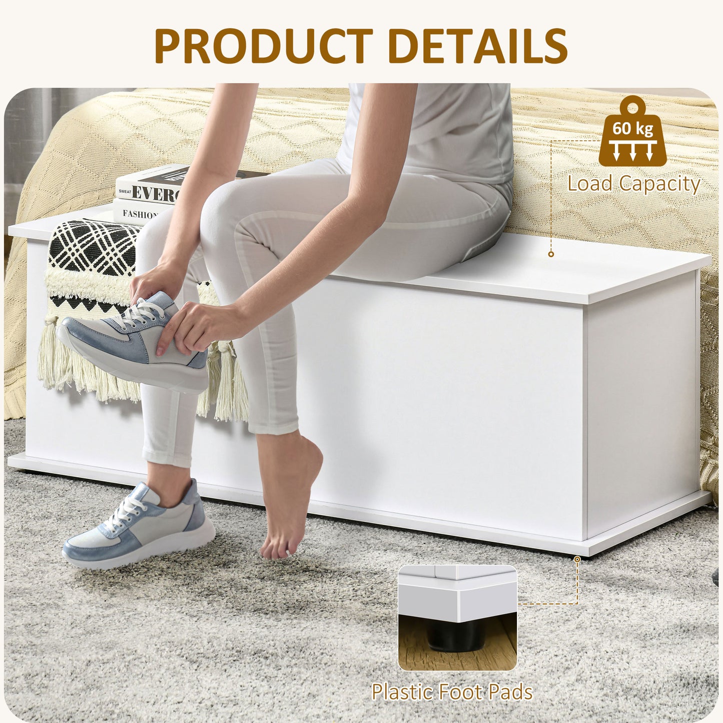 Fizi White Storage Blanket Chest With Flip Top Lid And Safety Hinges 113 Litre