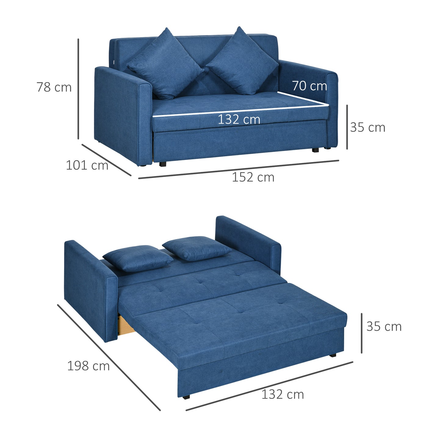 Palani Bayo Snow Flannel Deep Blue 2 Seater Sofa Bed With Hidden Storage And Cushions