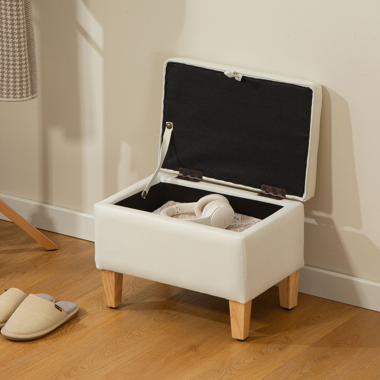 Pase Linen Beige Compact Storage Footstool Natural Wooden Legs
