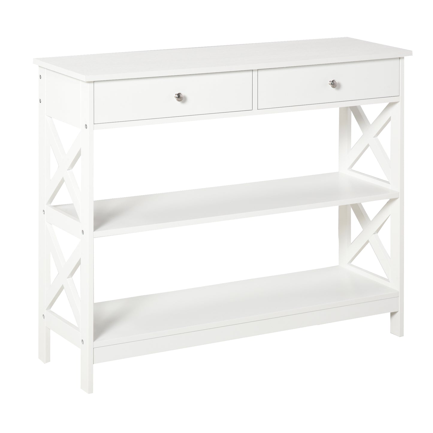 Ralupa 100cm Wooden White X Frame Console Table With Drawers And Open Shelving