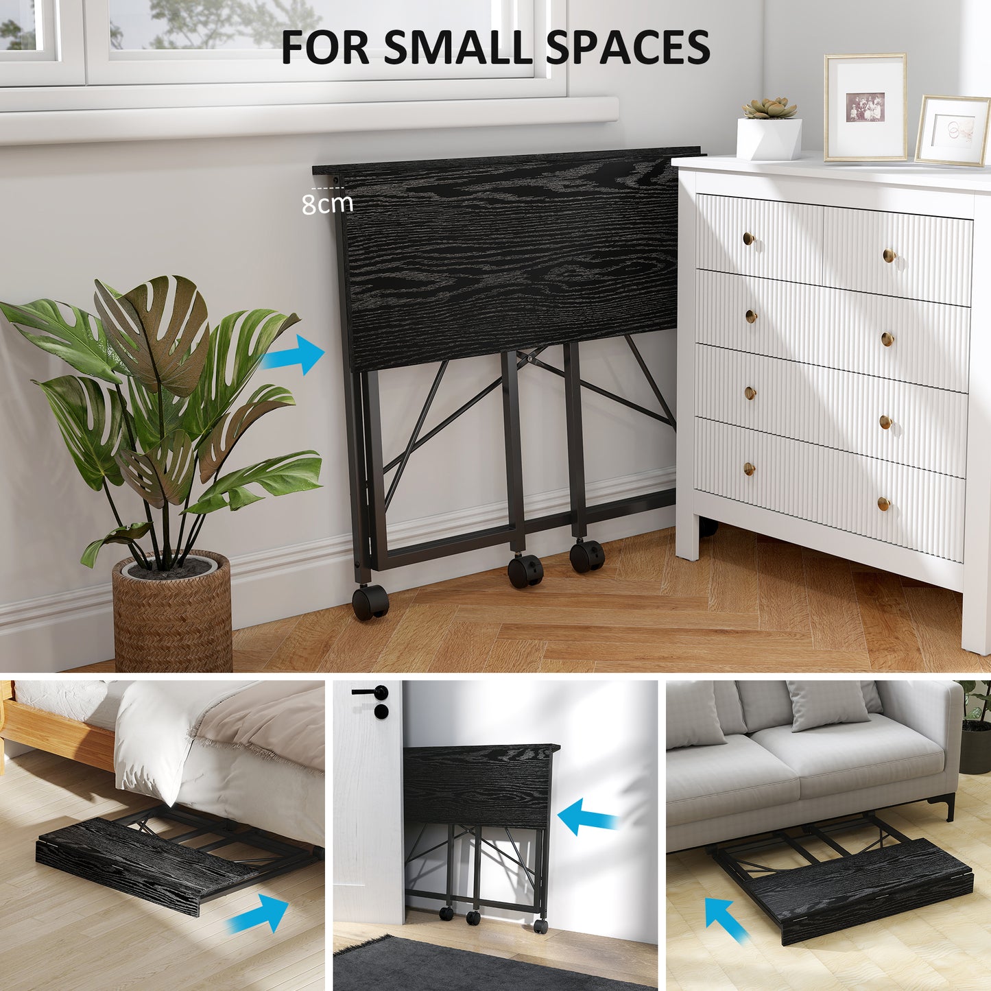 Ziyozi 80cm Metal and Wood Black Folding Desk On Lockable Wheels