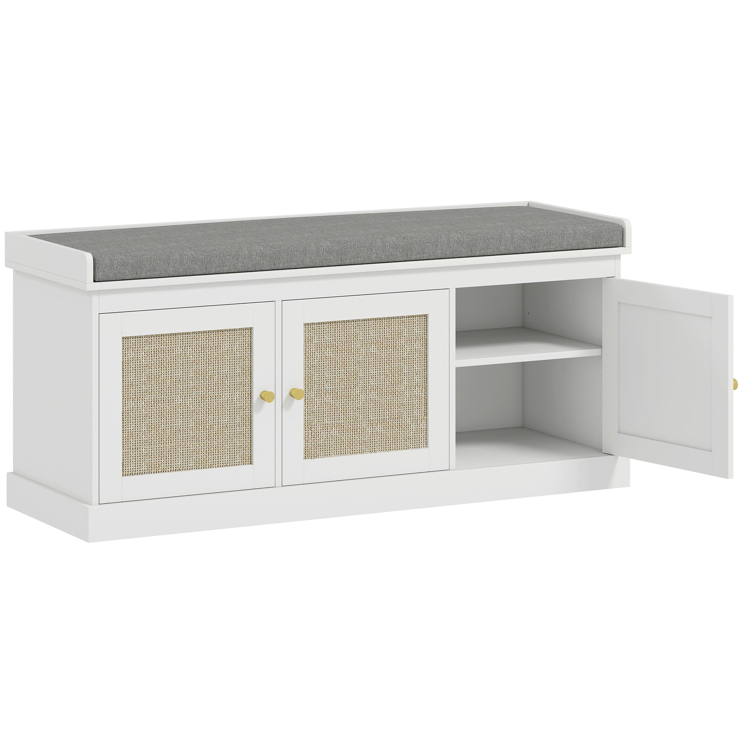 Wooden White Shoe Bench With 3 Woven Rattan Doors And Grey Padded Seat