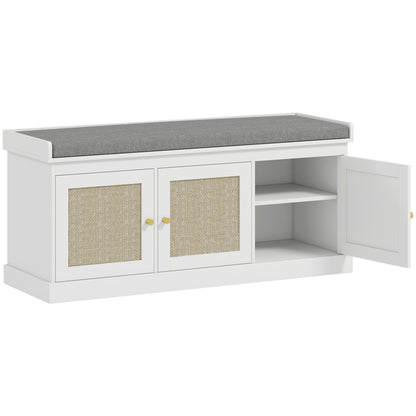 Wooden White Shoe Bench With 3 Woven Rattan Doors And Grey Padded Seat
