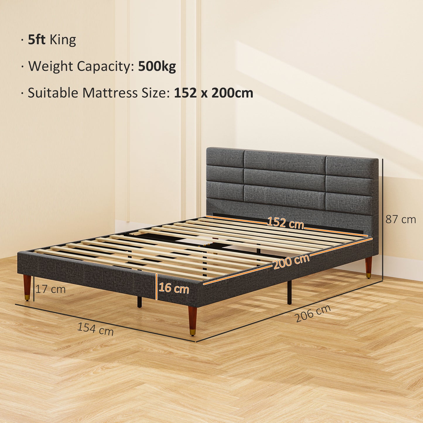 Narane 5FT Grey Upholstered King Bed Frame With Slatted Base and Fruitwood Legs