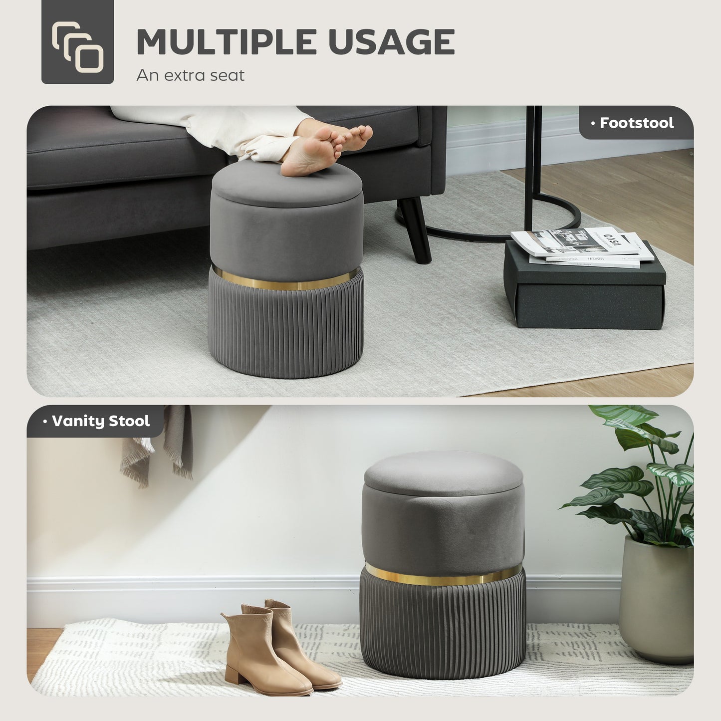 Vami Velvet Grey Storage Ottoman With Soft Upholstered Finish Gold Accent