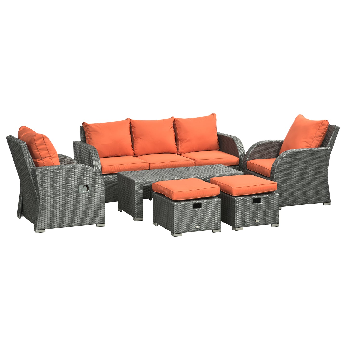 Lerami Rattan Orange 7 Seater Outdoor Garden Furniture Set Sofa Reclining Armchairs and Footstool