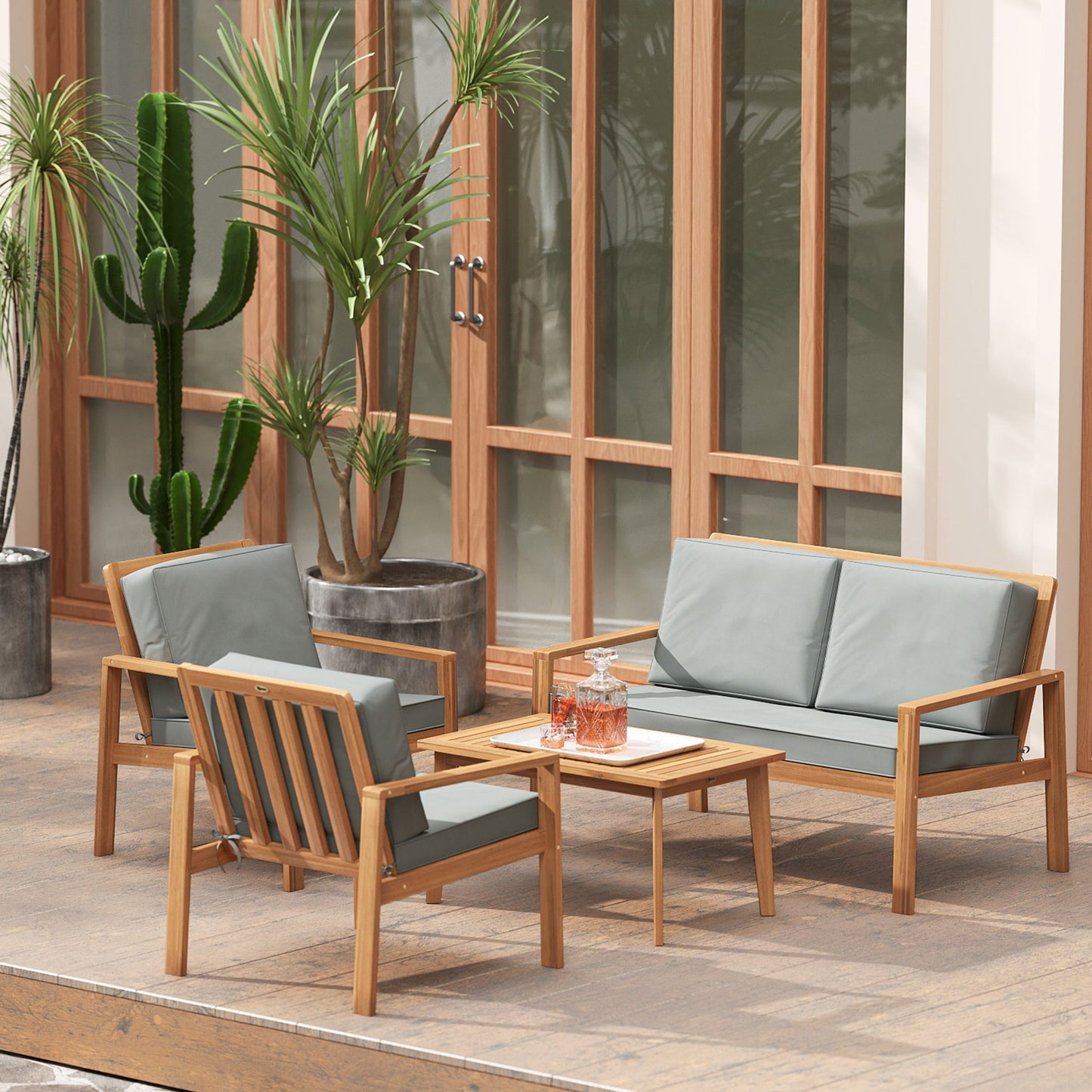 Rotoyo Teak Wood 4 Seater Outdoor Garden Furniture Set with Grey Cushions