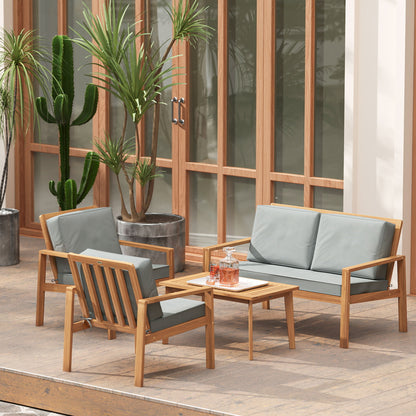 Rotoyo Teak Wood 4 Seater Outdoor Garden Furniture Set with Grey Cushions