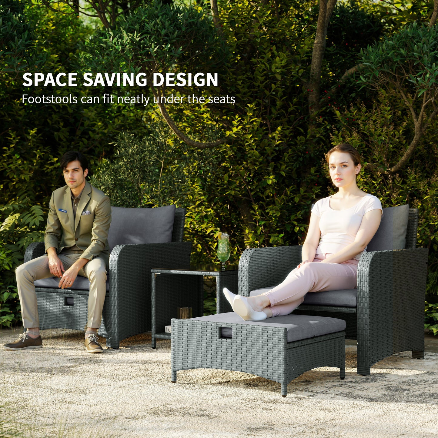 Rora Rattan Grey 5 Piece Garden Bistro Set With 2 Tier Coffee Table And Footstools