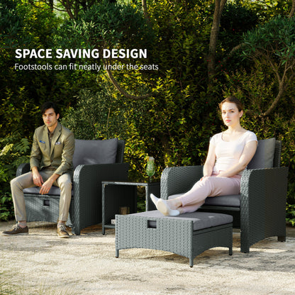 Rora Rattan Grey 5 Piece Garden Bistro Set With 2 Tier Coffee Table And Footstools