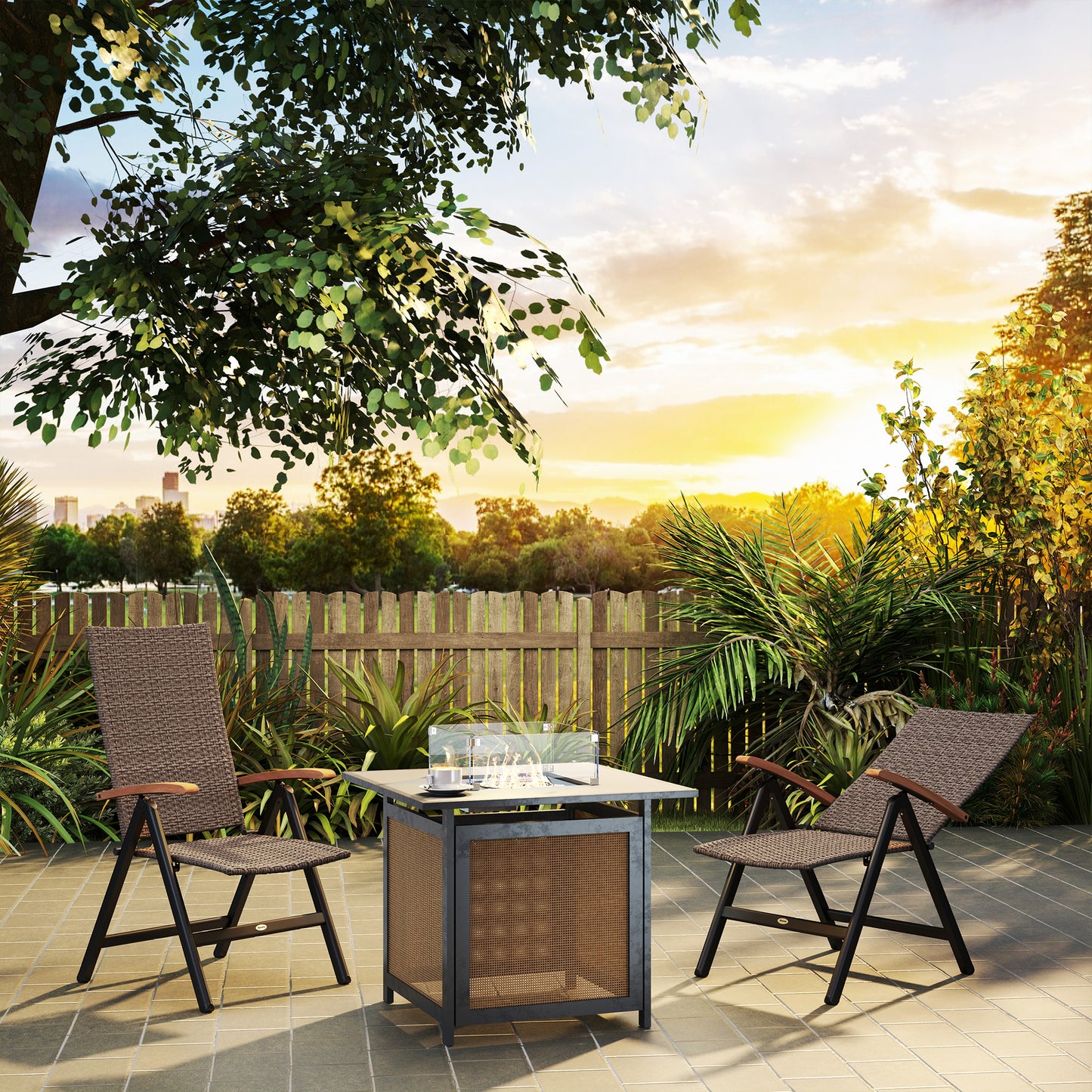 Nabaha Veel Rattan Brown Folding Garden Dining Chairs Set Of 2 With 5 Position Recline And Wood Armrests
