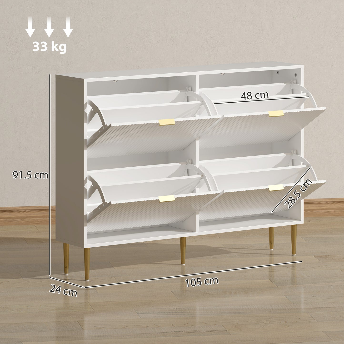 Rokake Wooden White Elegant 4 Drawer Shoe Cabinet Ribbed Design