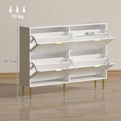 Rokake Wooden White Elegant 4 Drawer Shoe Cabinet Ribbed Design