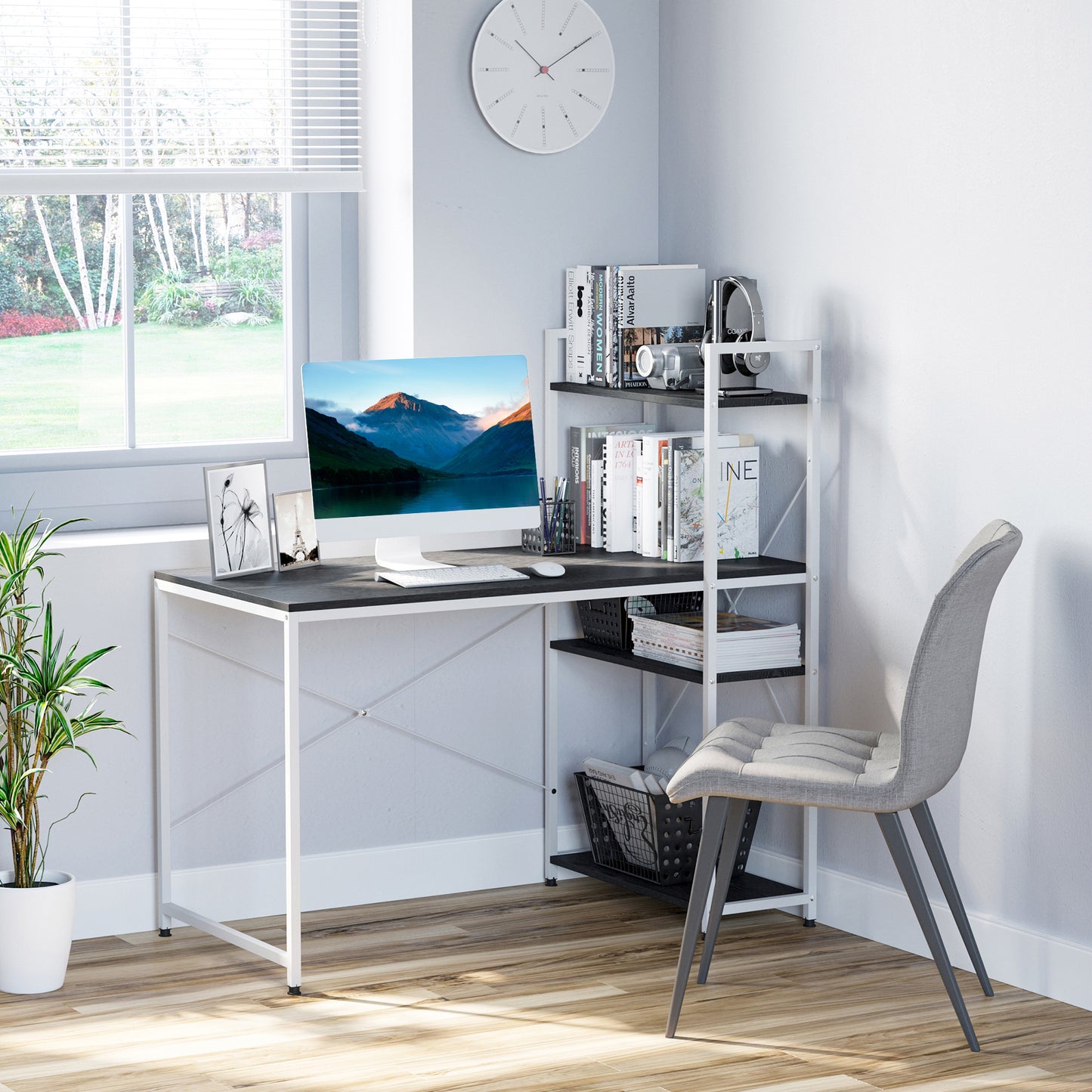Kecodo 120cm Metal And Wooden Black And White Reversible Industrial Desk With Side Shelving