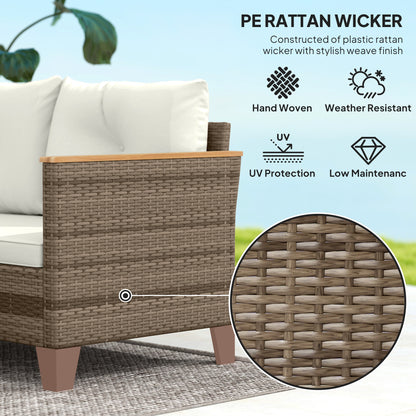 Serado Natural Rattan and Cream Fabric 3 Piece L Shaped Outdoor Conversation Set With Wood Top Table