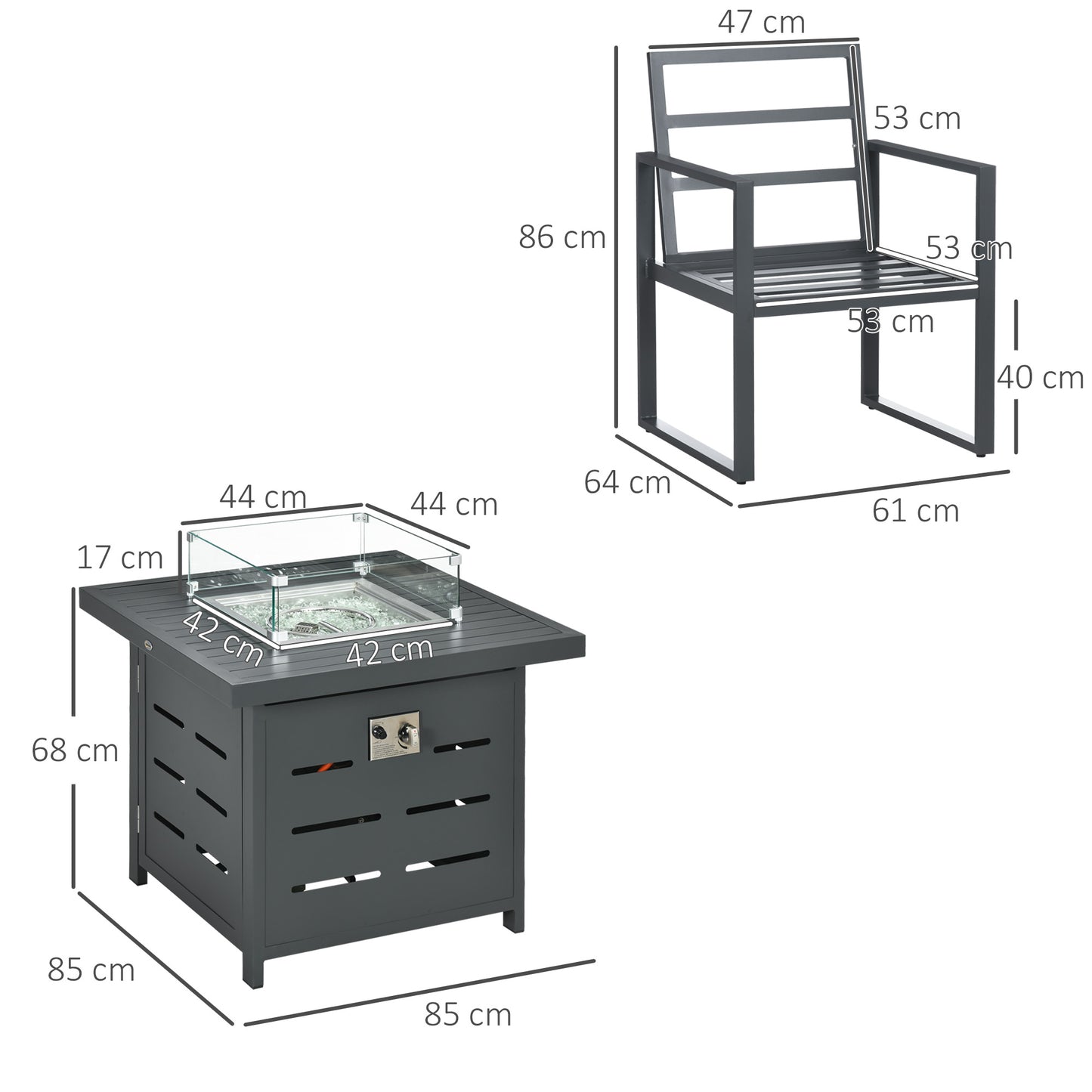 Mira 4 Seater Grey Aluminium Garden Furniture Set with Gas Fire Pit Table