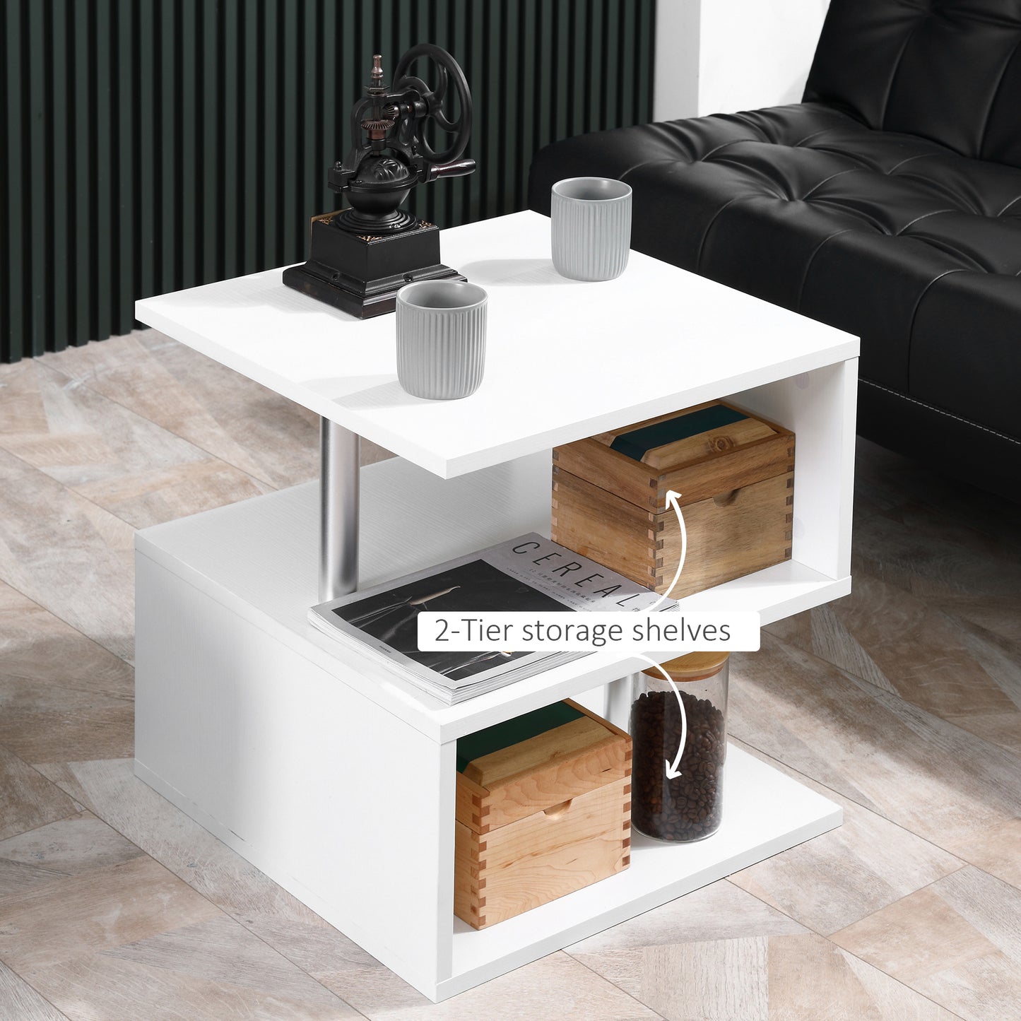 Coyora Wooden White Set Of 2 Cube Side Tables With 2 Tier Storage S Shaped