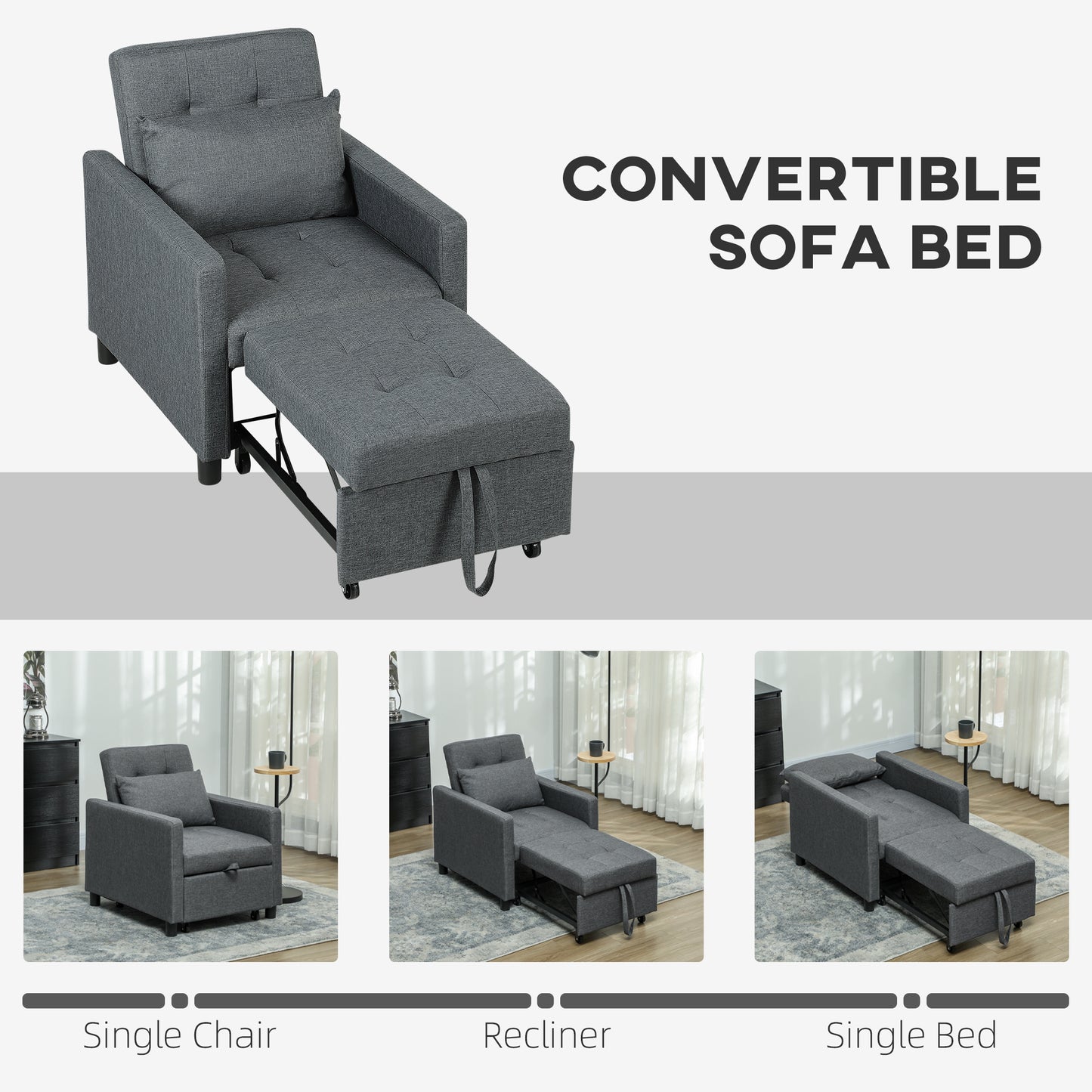 Loco Suro Dark Grey 3 In One Convertible Chair Bed With Adjustable Back Cushion And Footrest