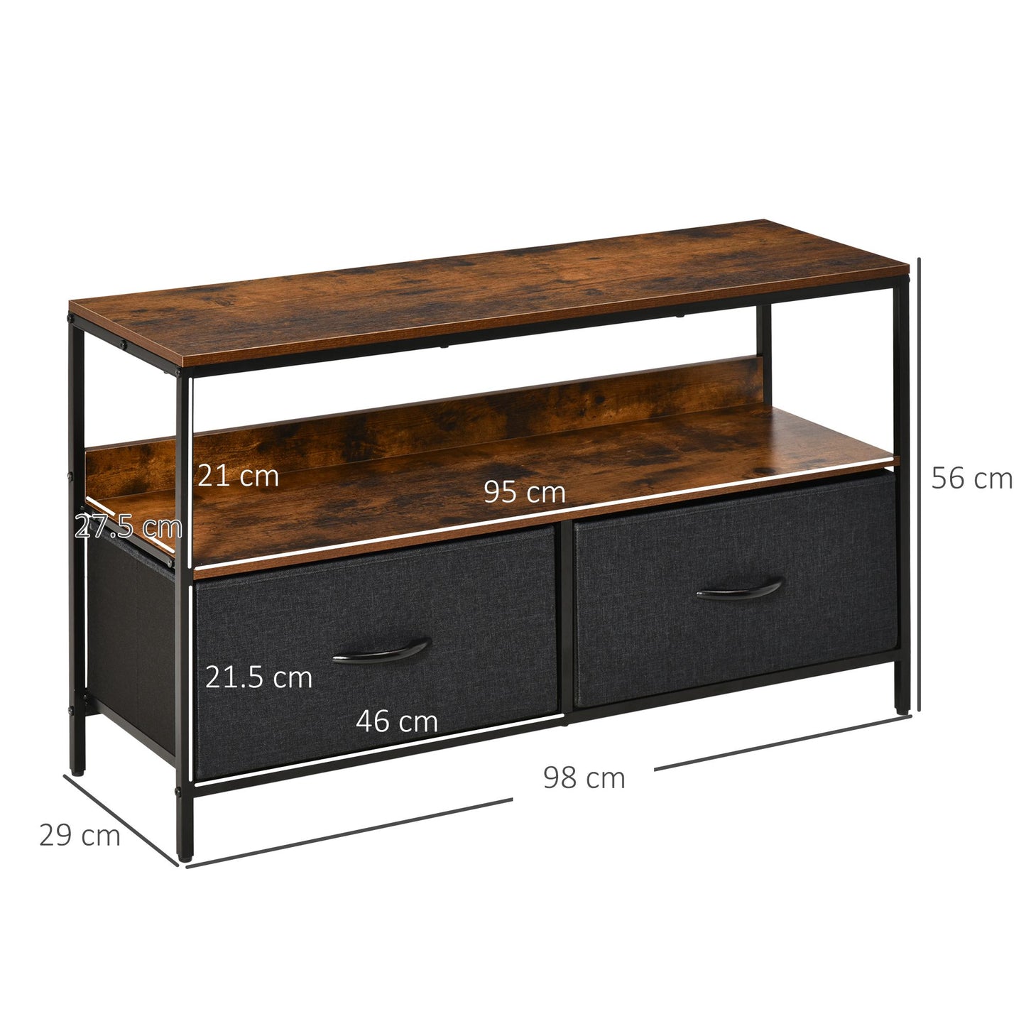 Lelo 98cm Wooden Rustic Brown TV Stand With 2 Fabric Fold Down Storage Drawers