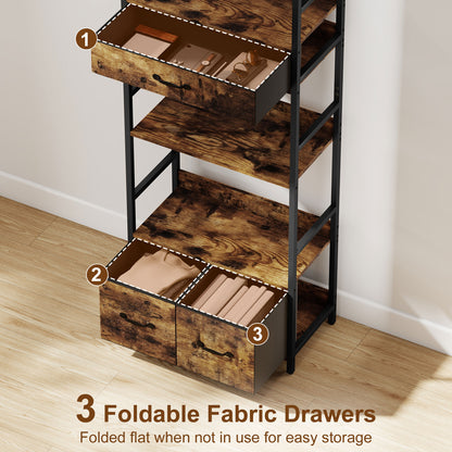 Cova Metal And Wood Brown And Black Industrial Bookcase With 4 Shelves And Fabric Drawers