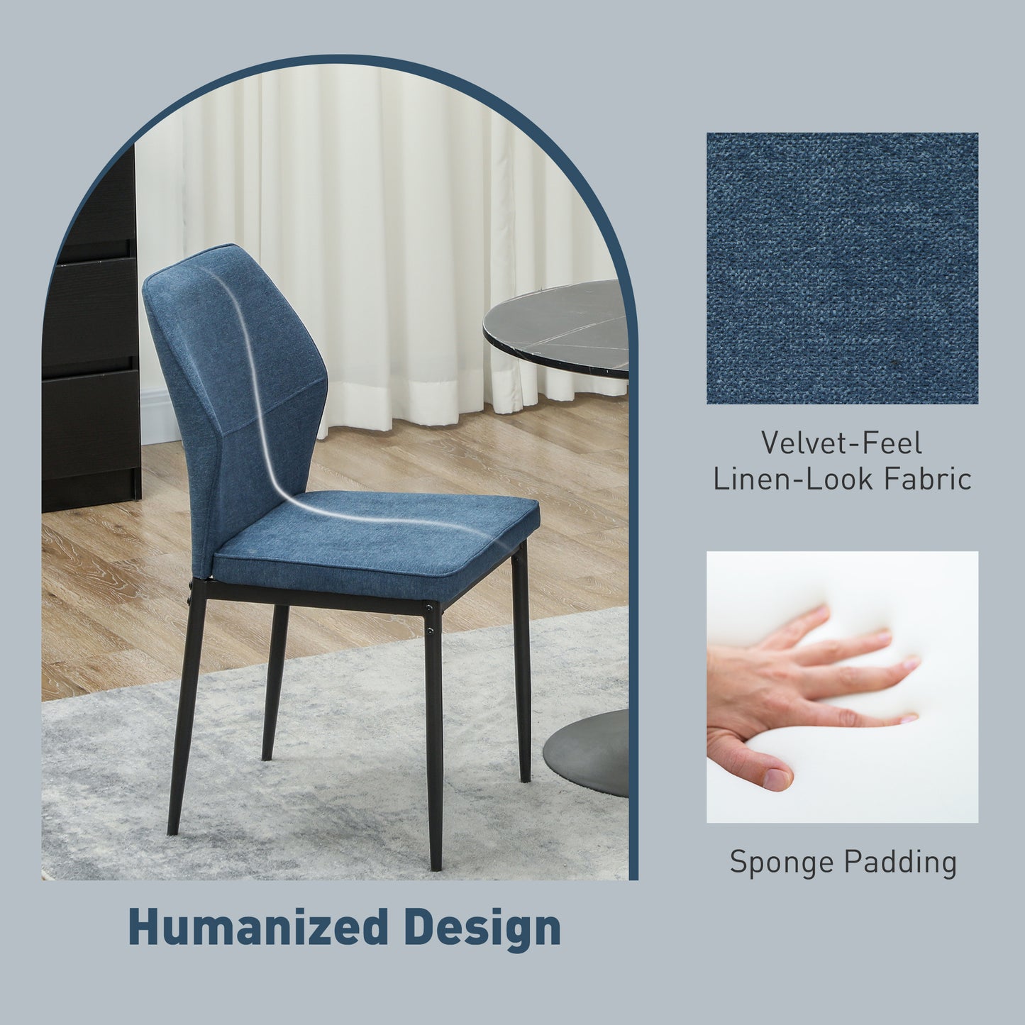 Vemiri Velvet Blue Armless Dining Chairs Set Of 2 With Curved Back And Metal Legs