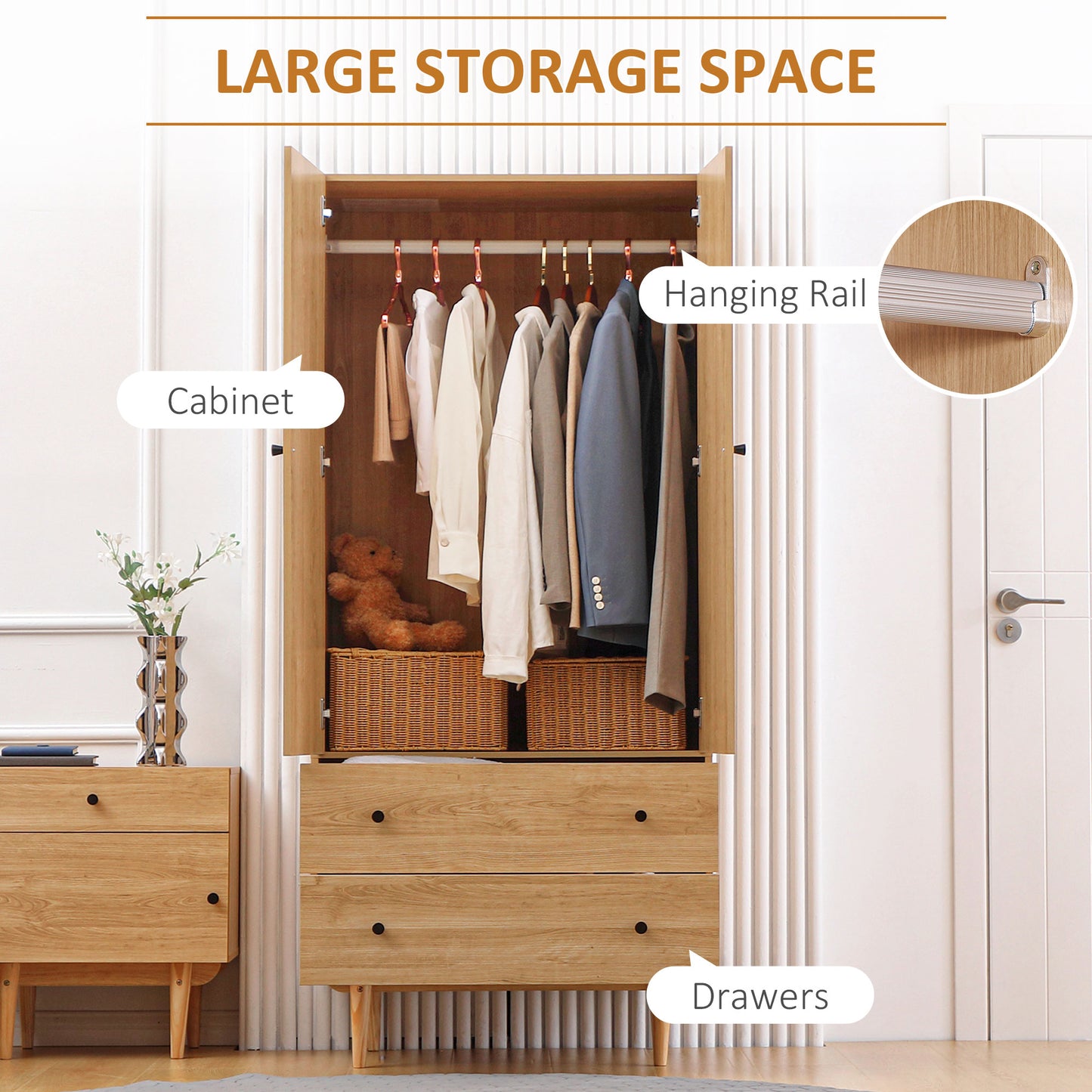 Coramar Natural Wood 2 Door Wardrobe With Hanging Rail And 2 Drawers
