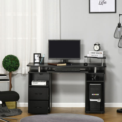 Domofi 120cm Wooden Black Computer Desk With Sliding Keyboard Tray Shelves And Drawers