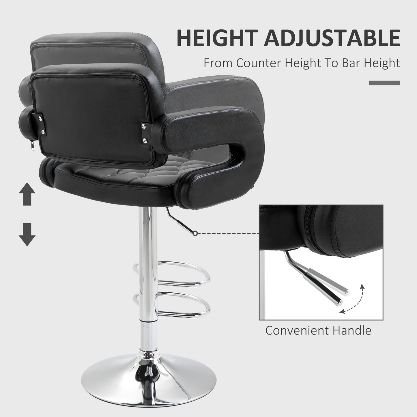 Hafi Rino Faux Leather Black Adjustable Swivel Bar Stools Set Of 2 With Back And Arm Support