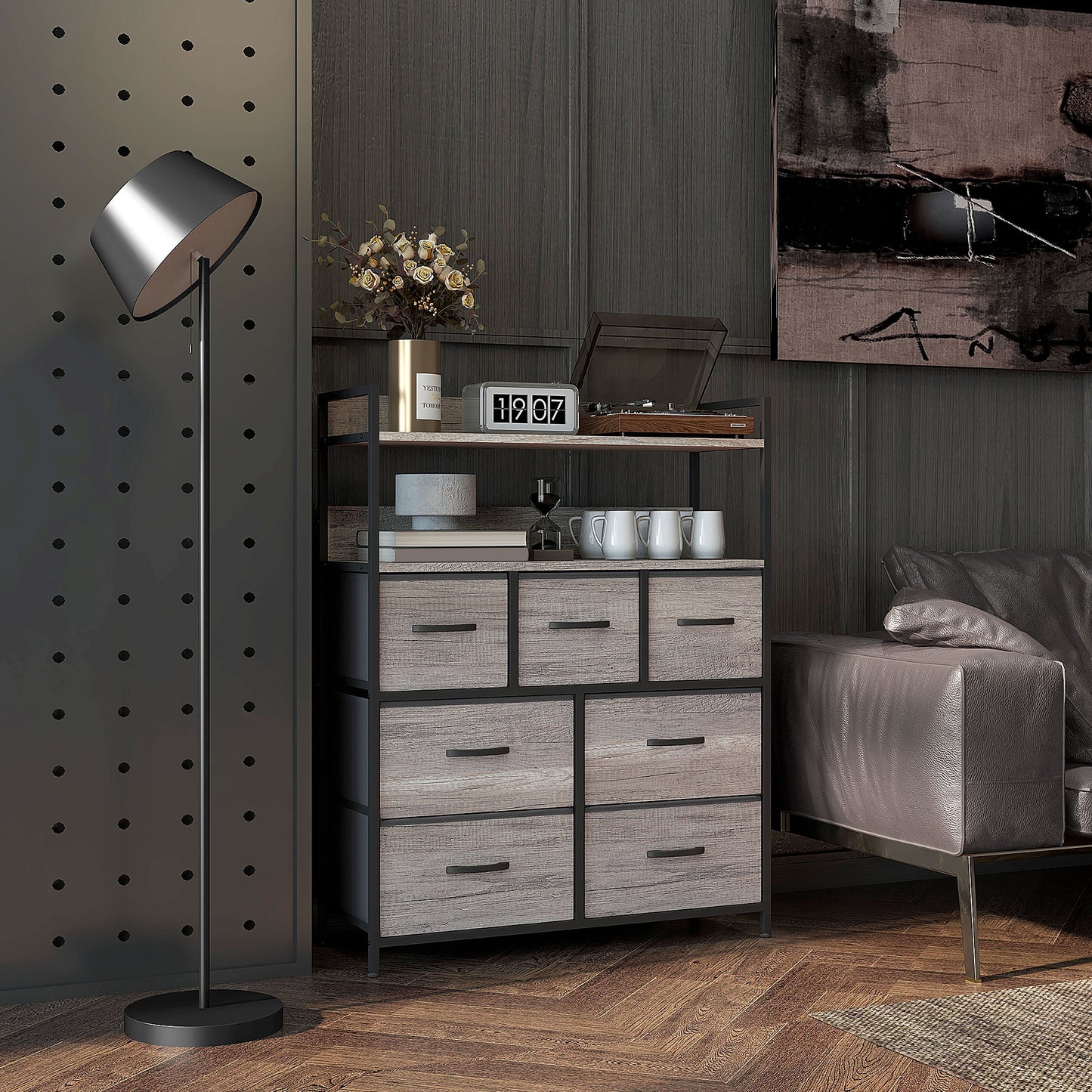 Norale Fabric And Wood Grey Wood Effect 7 Drawer Rustic Storage Chest
