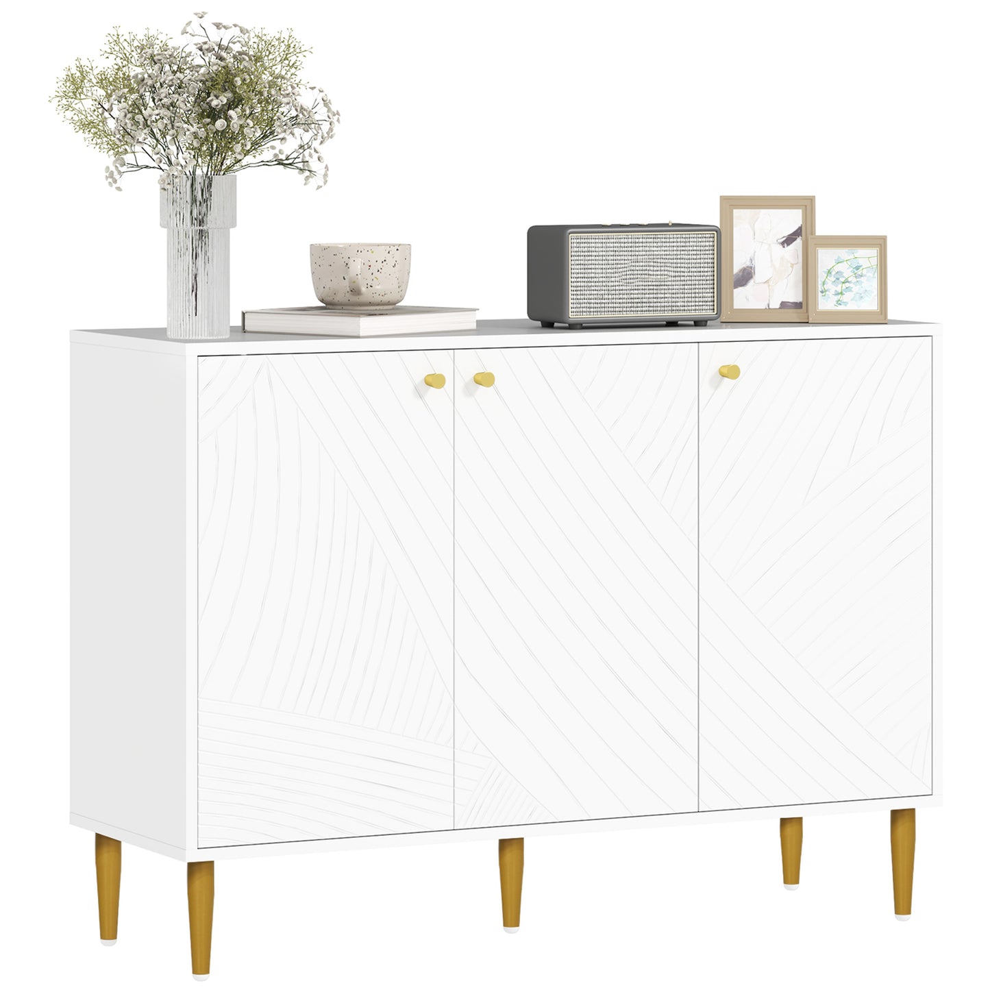 Rasuno Ledi White And Gold Tone 2 Cupboard with Scandi Line Pattern