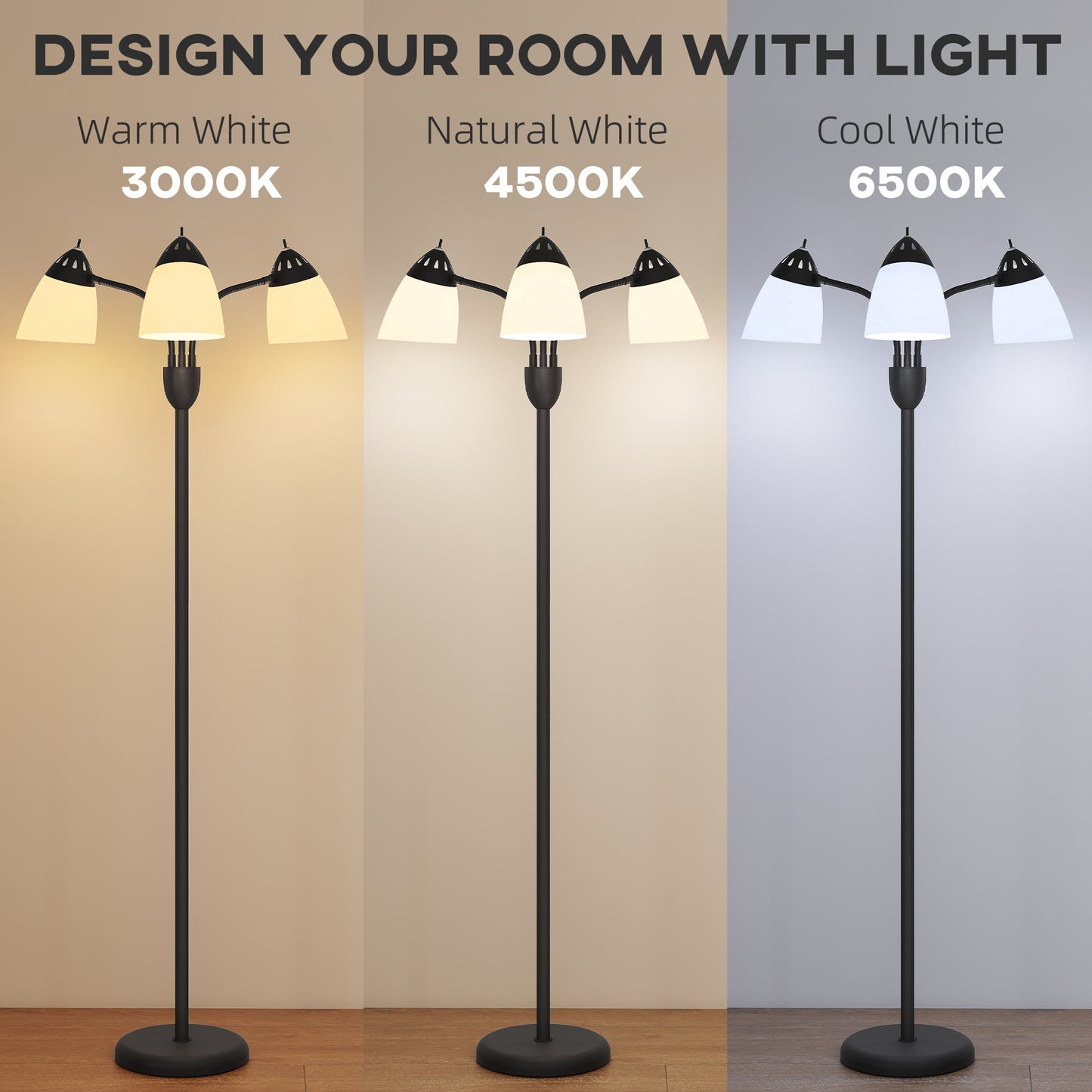 Noniyo Metal Black Arc Tree Floor Lamp With 3 Rotating Heads And Adjustable Colour Temperature