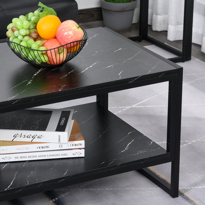 Minaba Metal And Wood Black 2 Tier Marble Effect Coffee Table With Bottom Shelf
