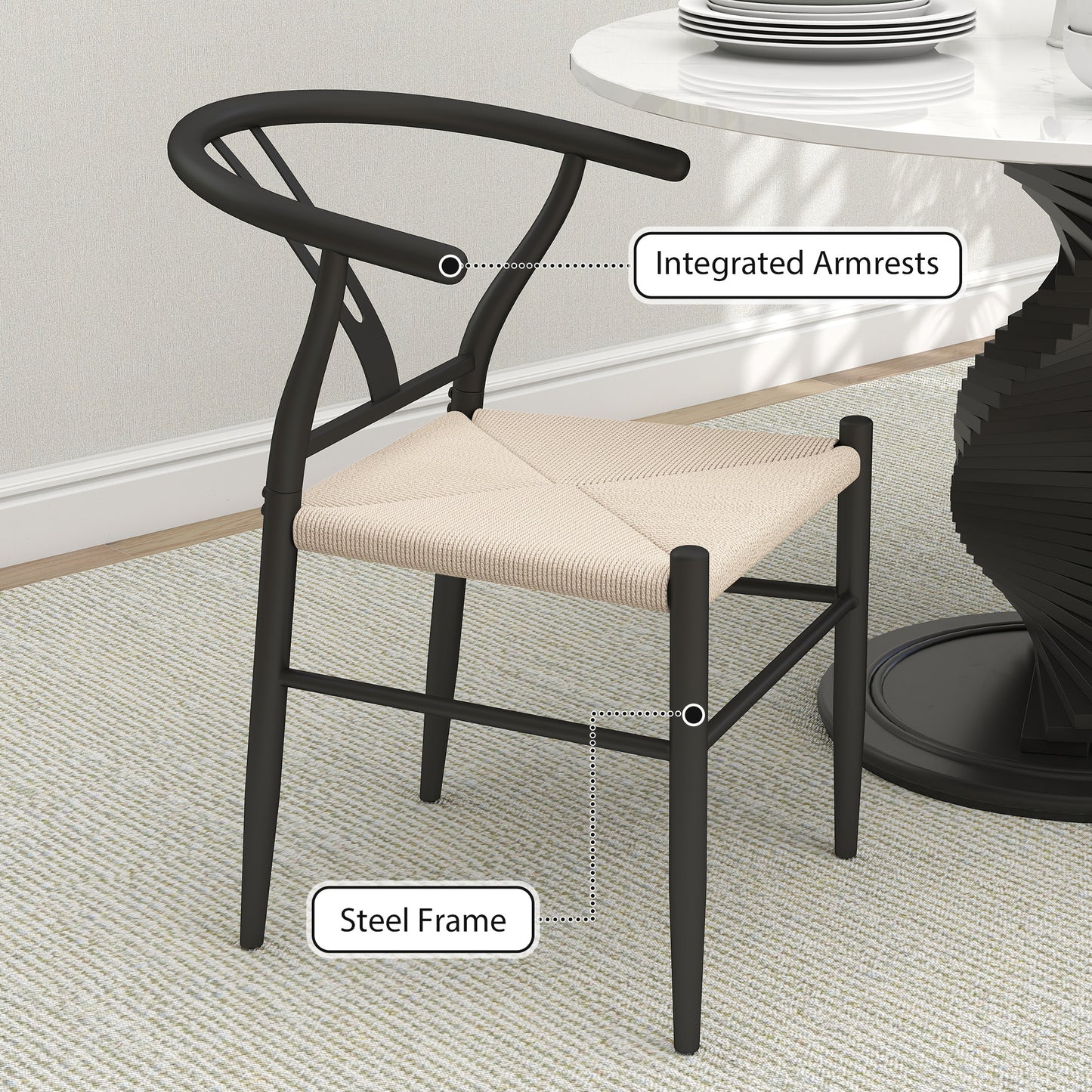 Ranopa Woven Hemp And Wood Black And Beige Dining Chairs Set Of 2 With Y ShaFauxd Backrest