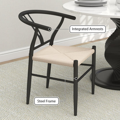 Ranopa Woven Hemp And Wood Black And Beige Dining Chairs Set Of 2 With Y ShaFauxd Backrest