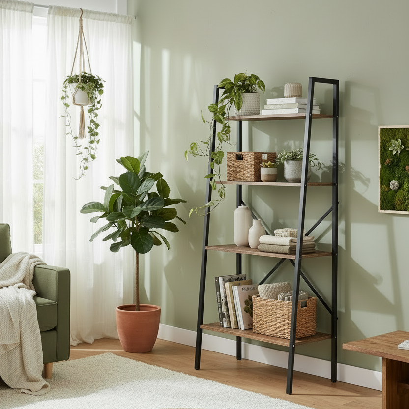 Tanile Metal And Wood Rustic Brown And Black 4 Tier Ladder Bookshelf
