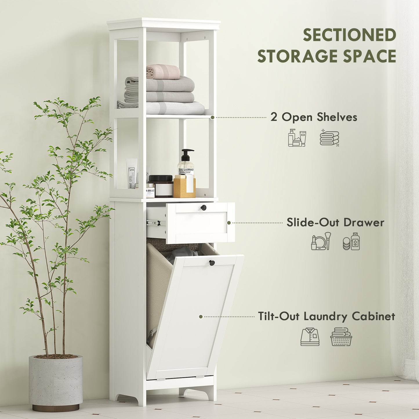 Elnova Tall Bathroom Storage Cabinet With Integrated Laundry Basket White