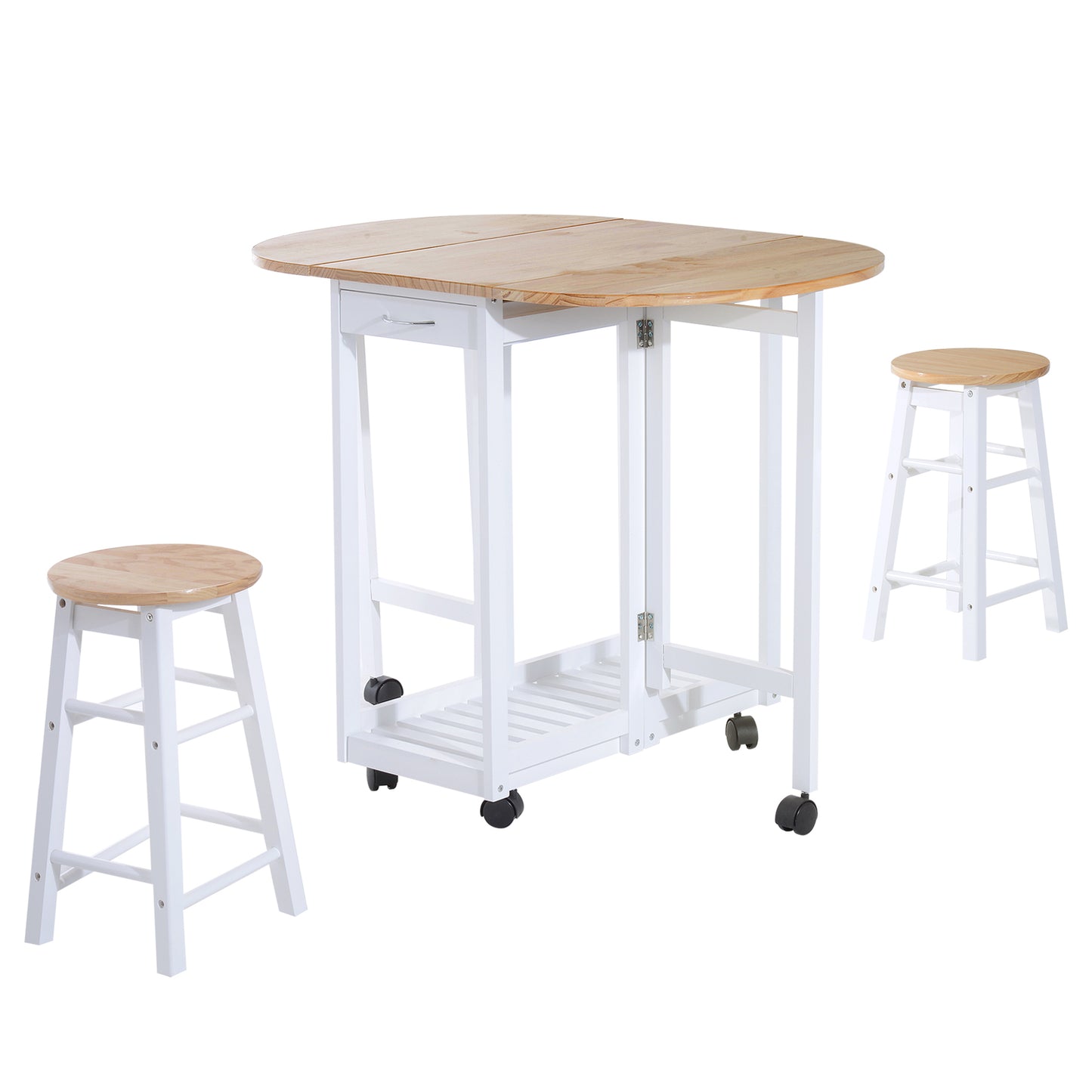 Rasola Wooden White Mobile Drop Leaf Dining Table With Stools Drawers Shelving And Wheels