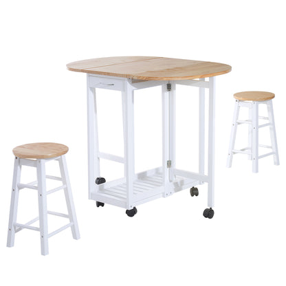 Rasola Wooden White Mobile Drop Leaf Dining Table With Stools Drawers Shelving And Wheels