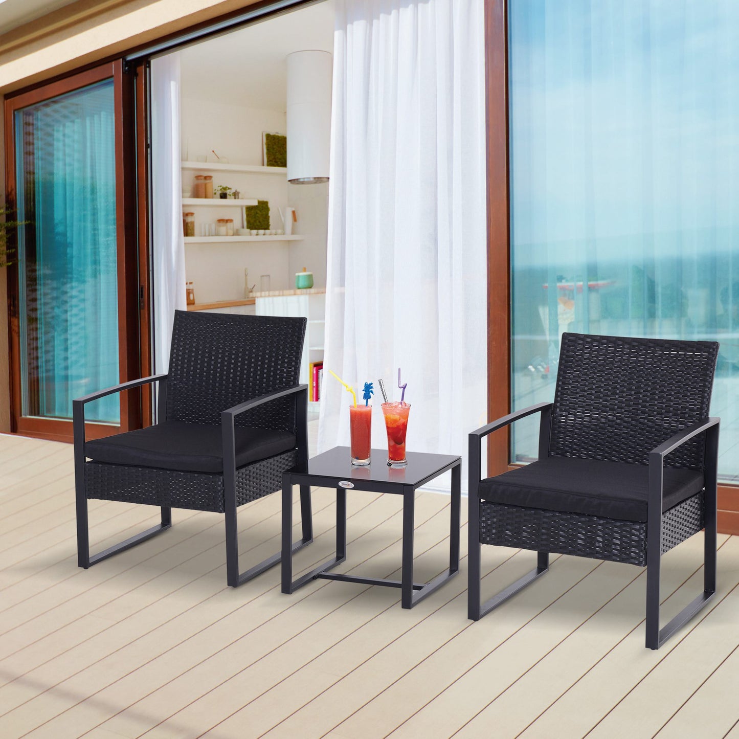 Sofira Rattan Black 2 Seater Outdoor Coffee And Chair Bistro Set