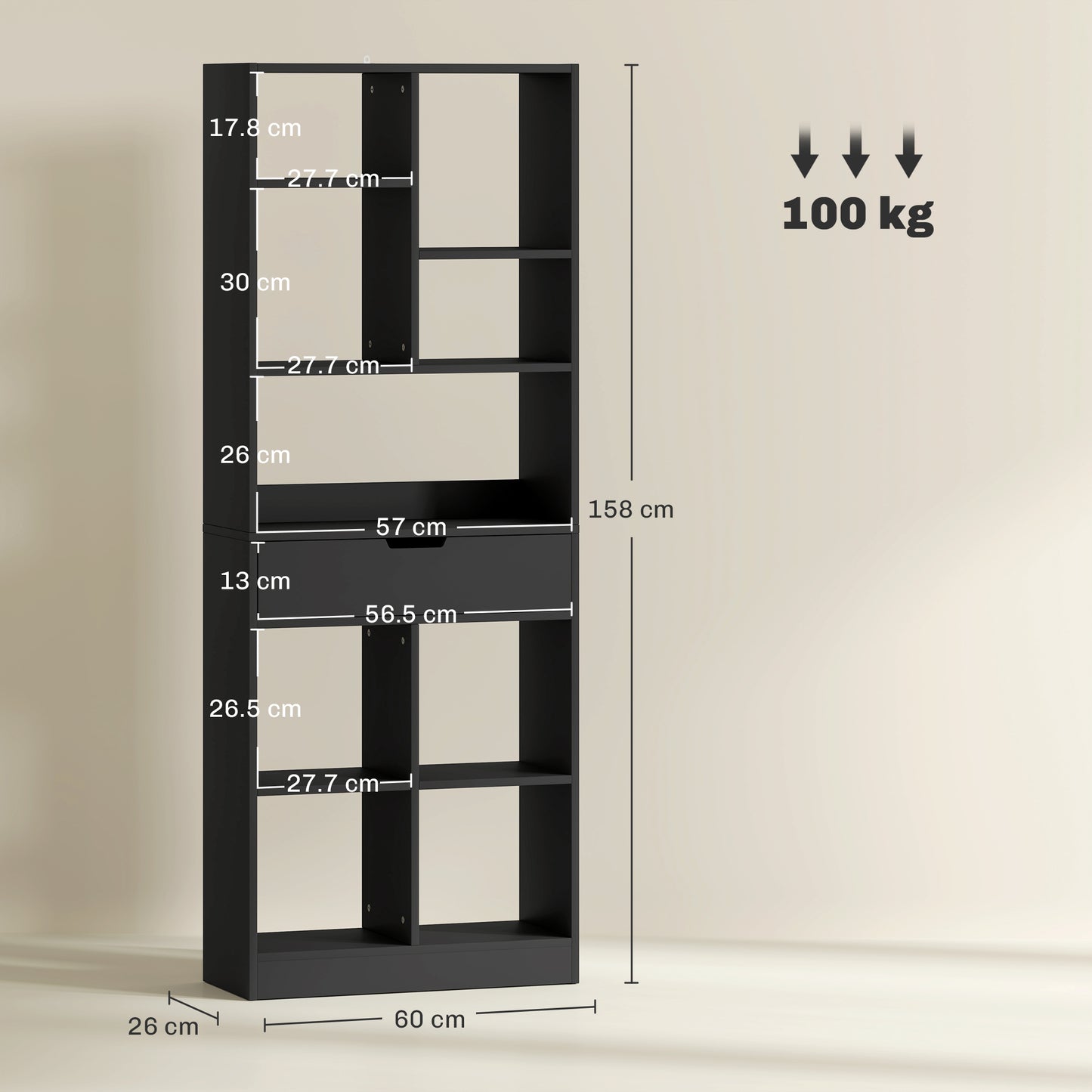 Farama Kedo Metal And Wood Black Tall Freestanding Bookcase With Drawer Storage