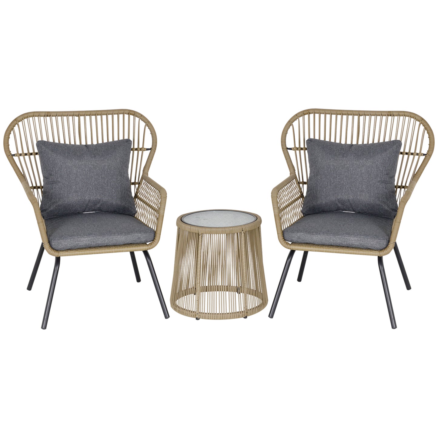 Luluse Natural Brown Rattan 3 Piece Outdoor Garden Bistro Set With Grey Cushions And Glass Coffee Table