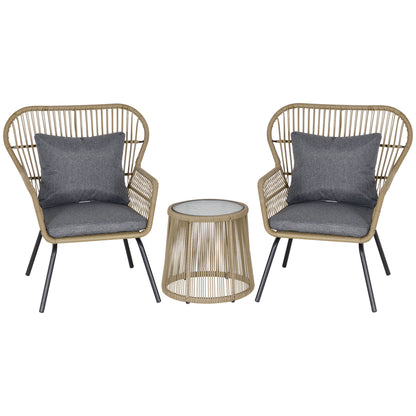 Luluse Natural Brown Rattan 3 Piece Outdoor Garden Bistro Set With Grey Cushions And Glass Coffee Table