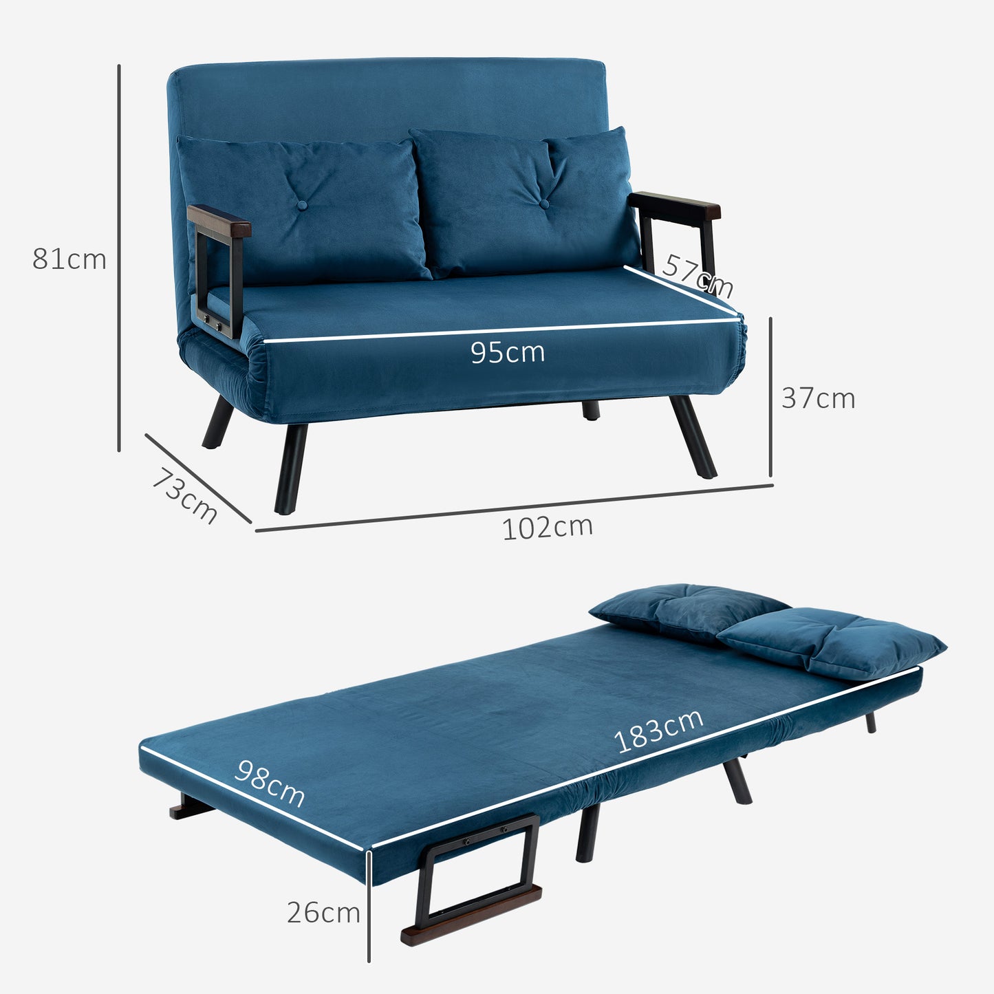 Lenasu Nasa Velvet Blue 4 In One Convertible Double Sofa Bed With Cushions
