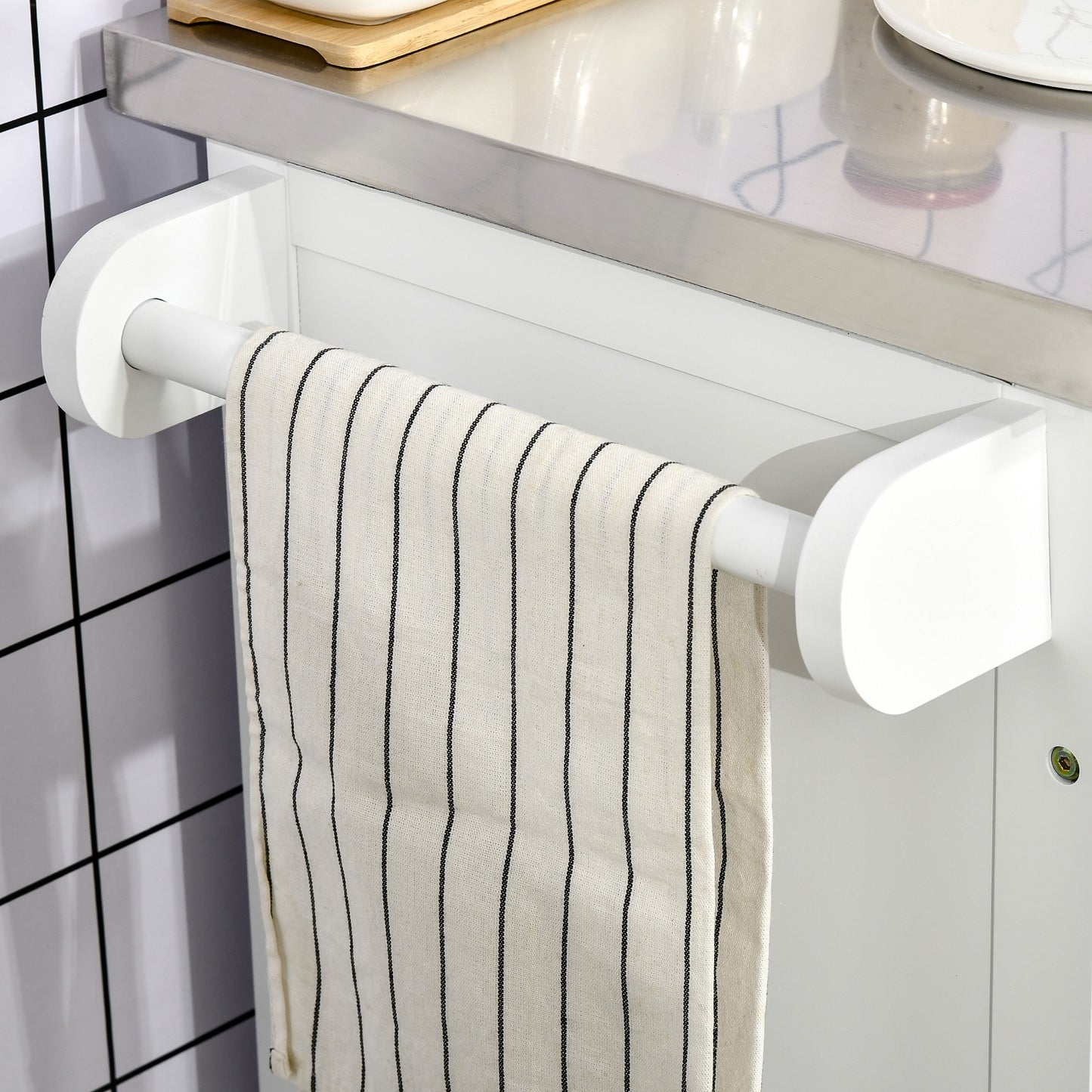 Nenapa Wooden White Kitchen Island On Wheels With Stainless Steel Top Drawer And Side Rack