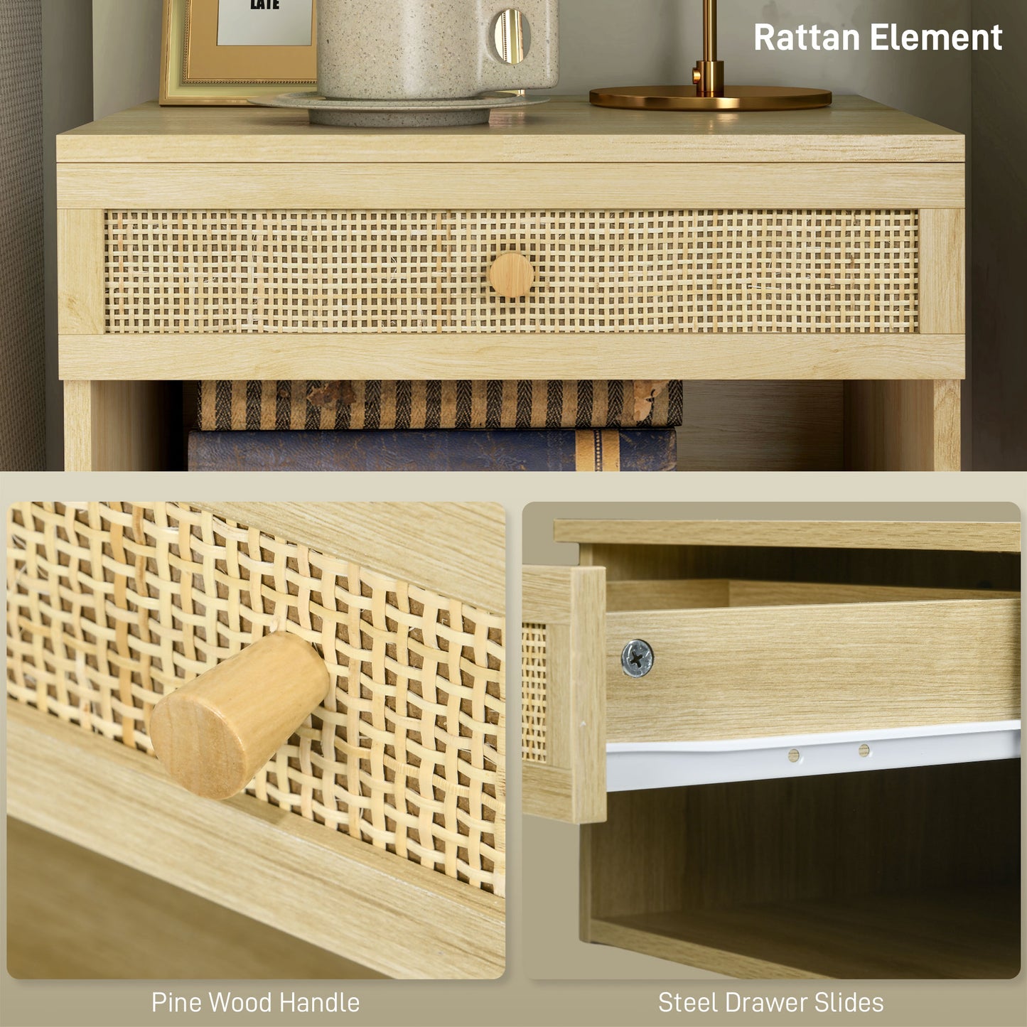 Tovelu Set Of 2 Wood Effect Floating Bedside Tables With Rattan Panels