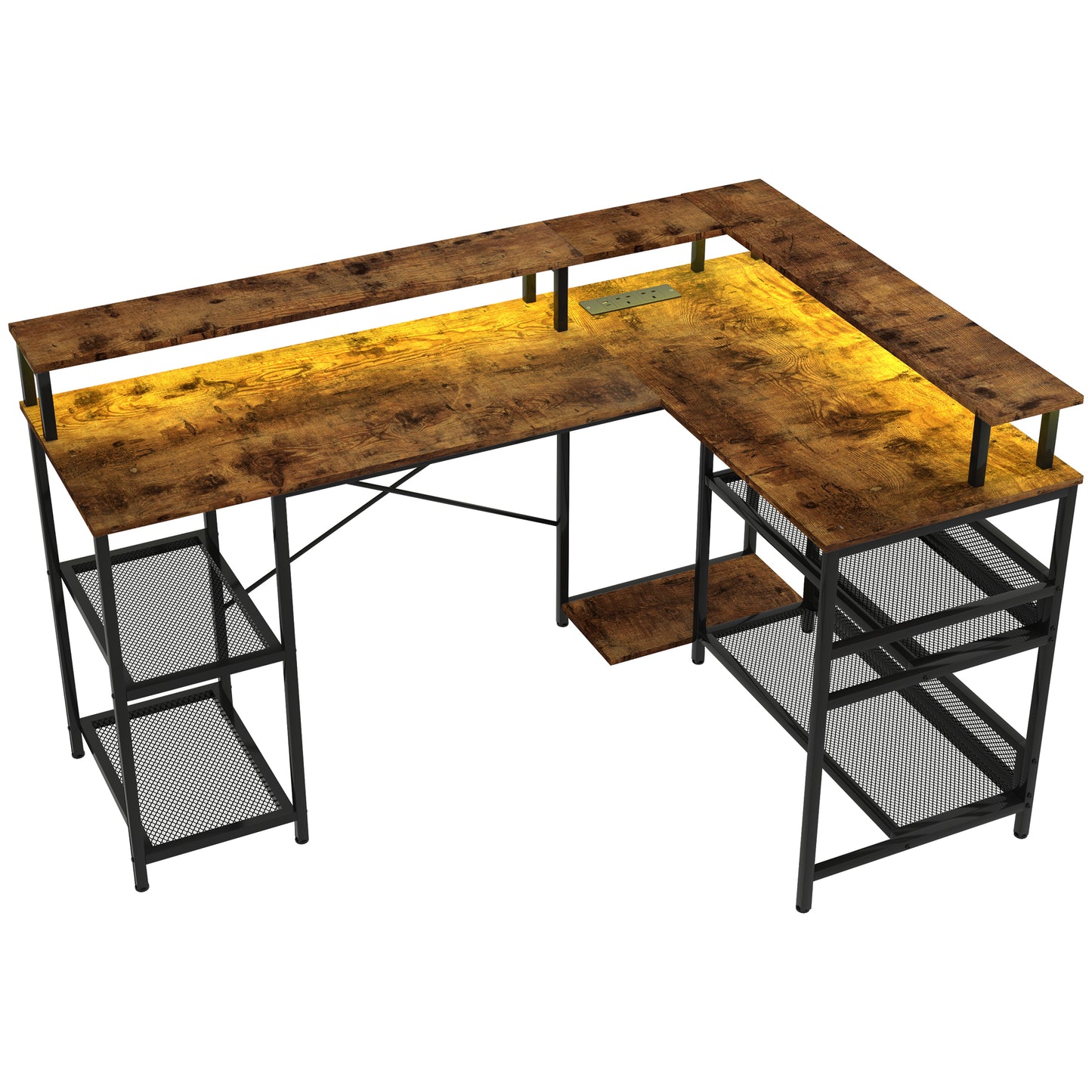 Mosovi Brown L Shaped Desk With Built In LED Lighting And Shelves