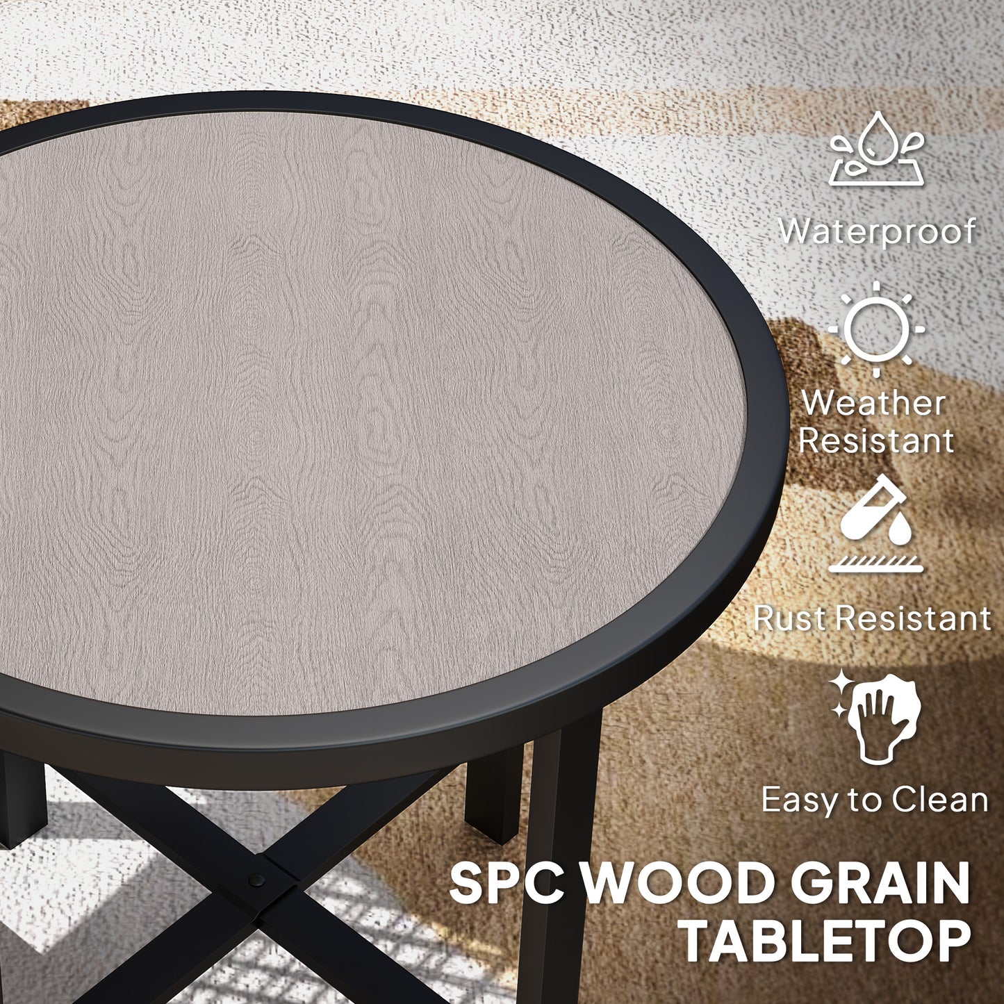 Moreve Black and Grey Wood Effect Round Outdoor Side Table With Steel Frame