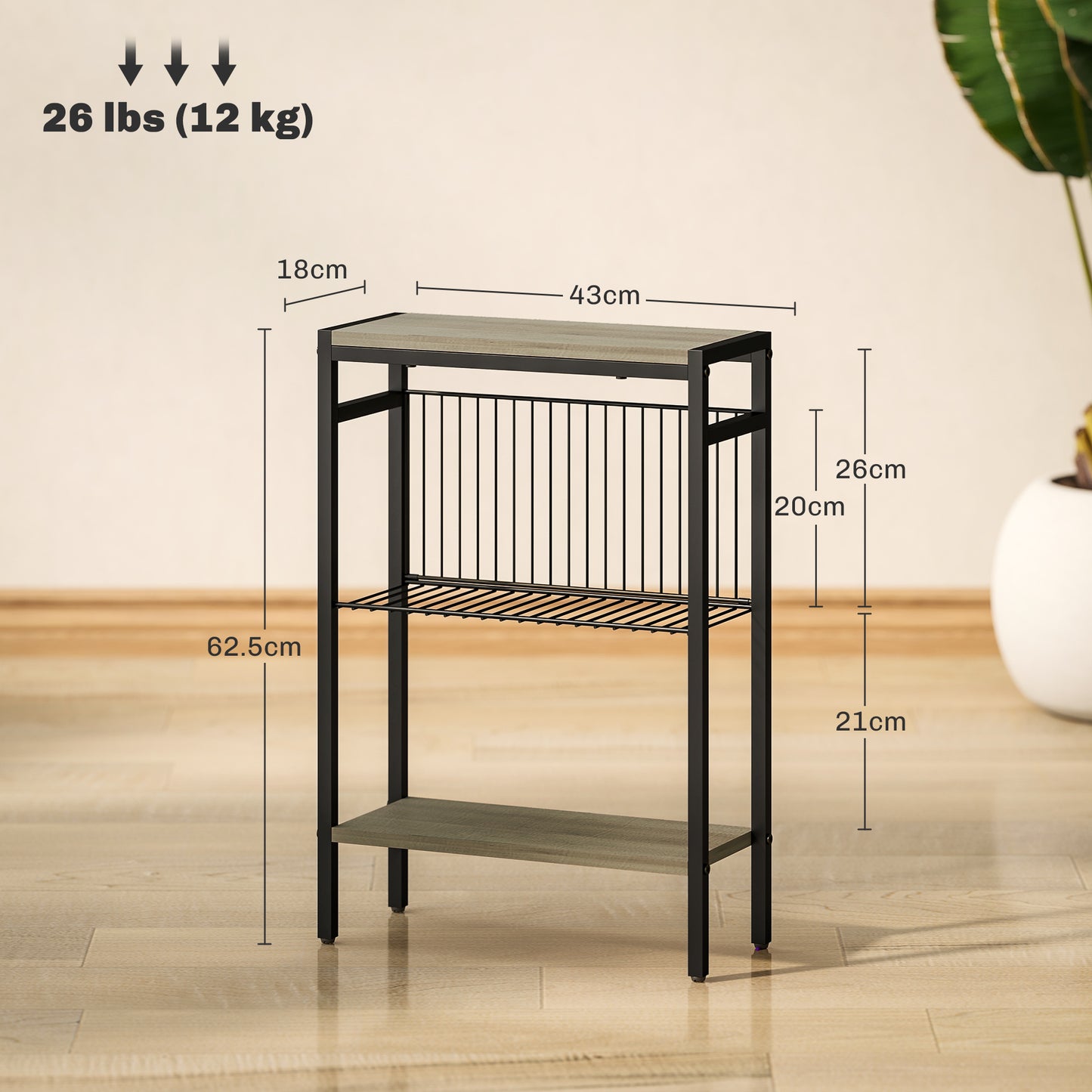 Dimali Black Metal And Grey Wooden Industrial 3 Shelf Side Table